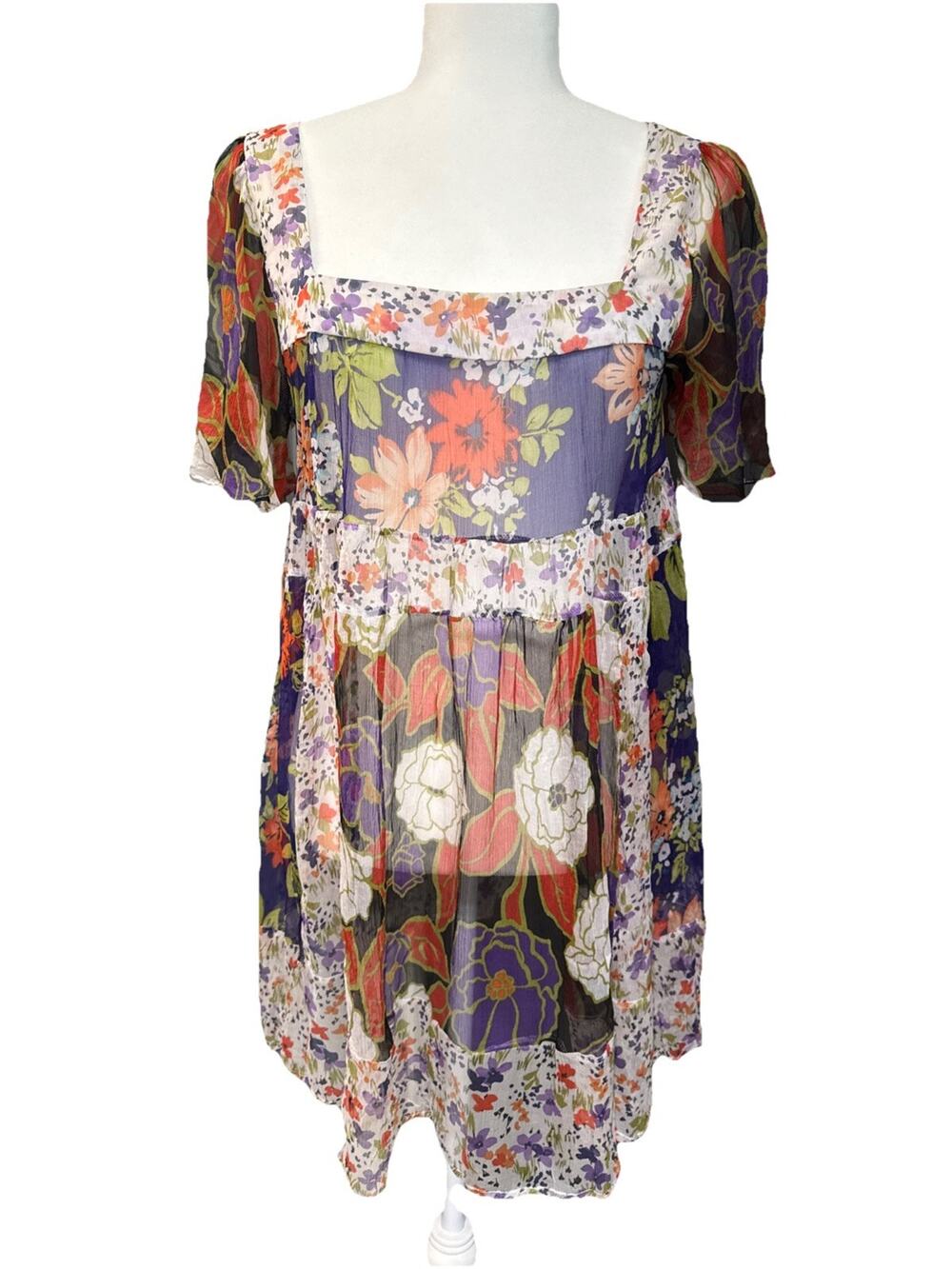 Sunny Leigh Babydoll Silk Top Womens M Orange Floral Patchwork Sheer Milkmaid